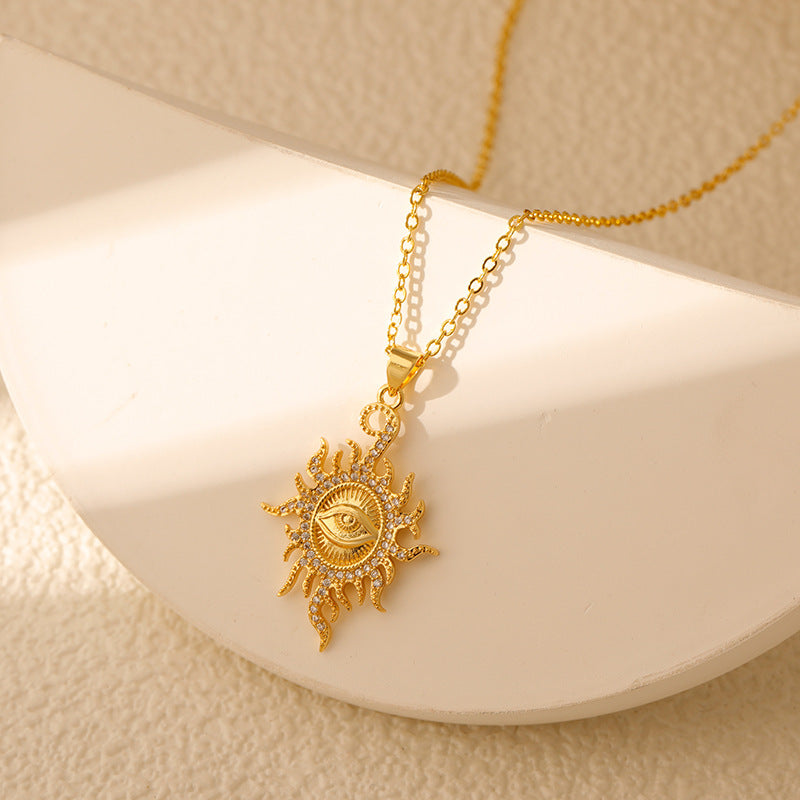 Wholesale Stainless steel  Sun Pendant Sun Star Hollow Color Zirconium Tarot Niche Fashion Necklace