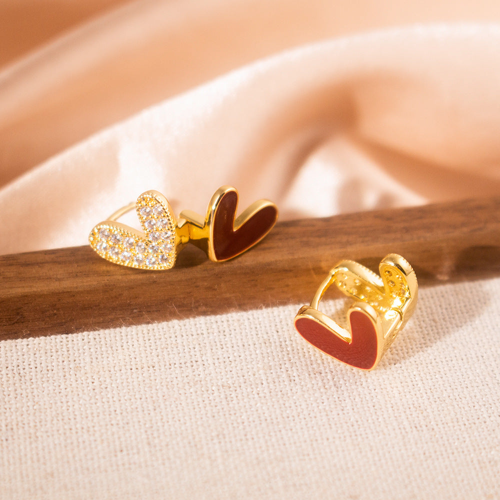 Wholesale  Red Oil Dropping Zircon Double-sided Love Ear Buckle  Retro Earrings