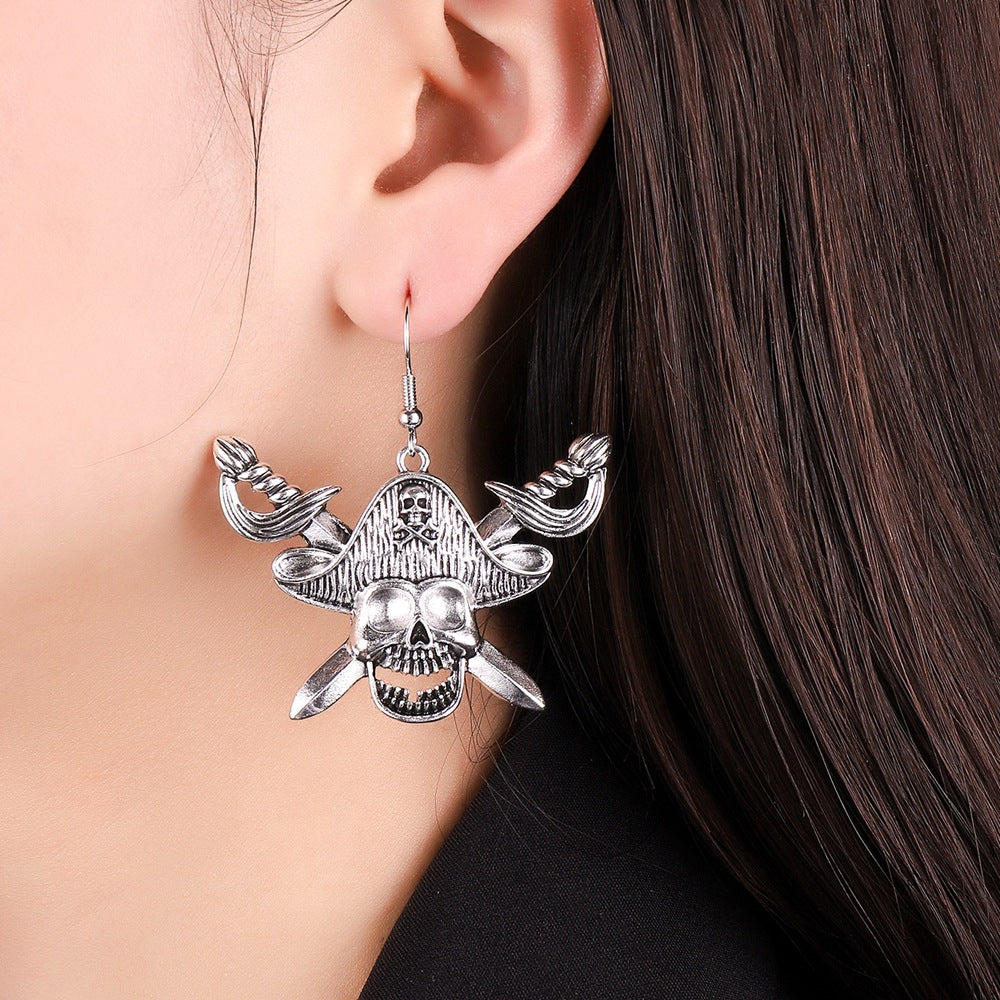 Wholesale Alloy Ancient Silver Pirate Skull Earrings -  Men' s Fashion Accessory