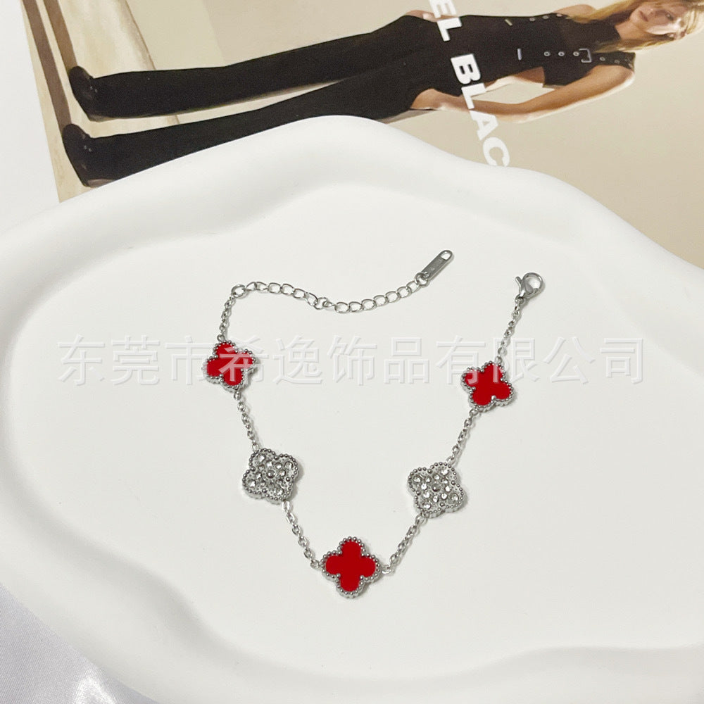 Wholesale Trendy Four-Leaf Clover Rhinestone Bracelet Titanium Steel Jewelry for Office Ladies Everyday Wear Gift