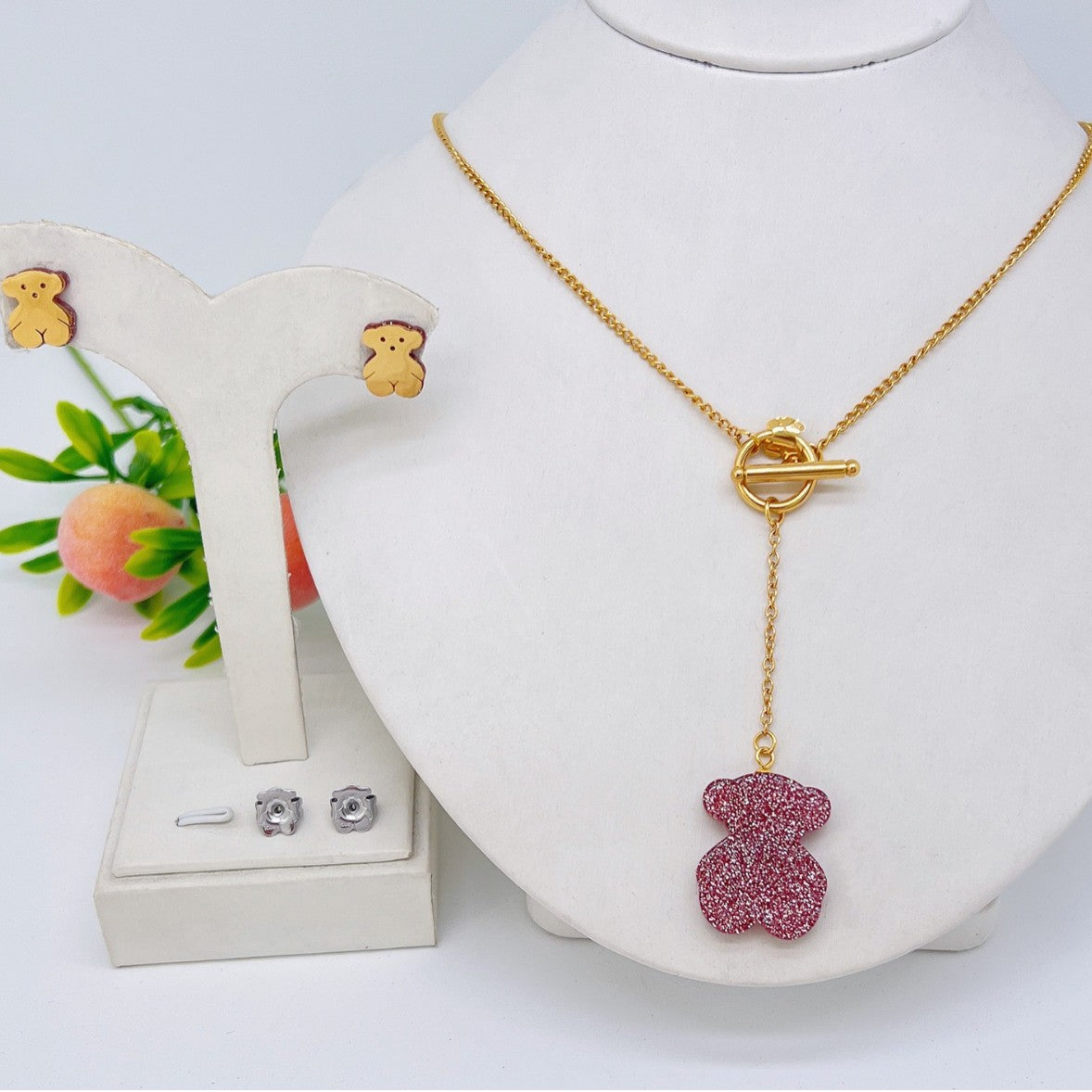 Wholesale Cute Bear Cartoon Stainless Steel Earrings and Necklace Set for Party Wear
