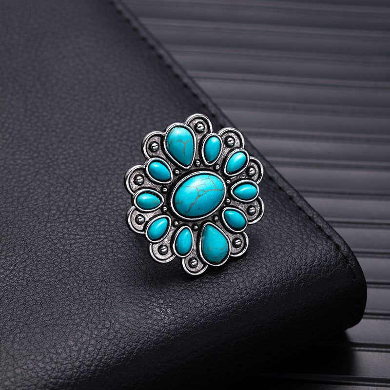 Wholesale Retro Bohemian Silver Flower Imitation Turquoise Ring - Fashion Accessory for Boutique Resale