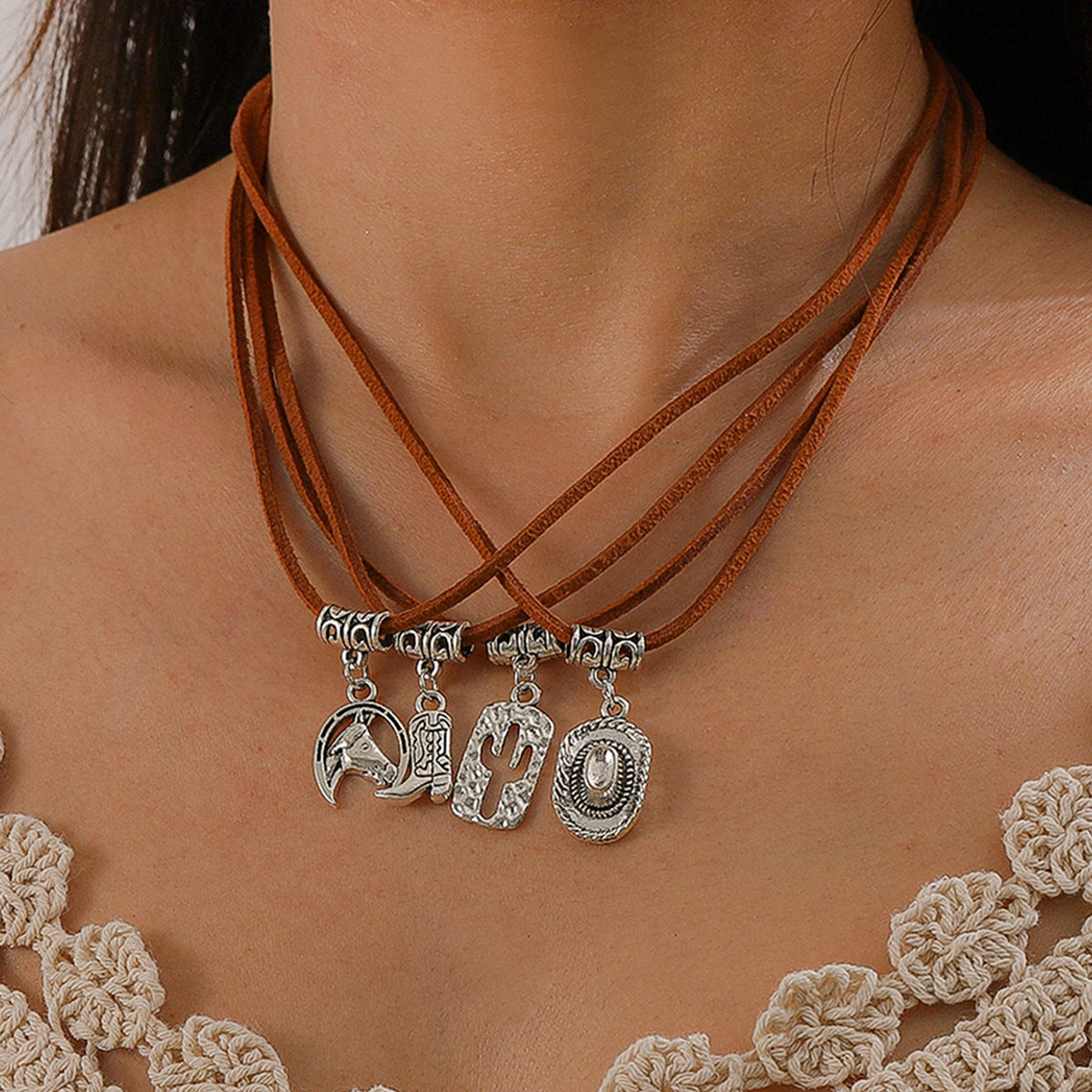 Wholesale Western cowboy retro ethnic style turquoise alloy bull head combat boots hat pendant necklace