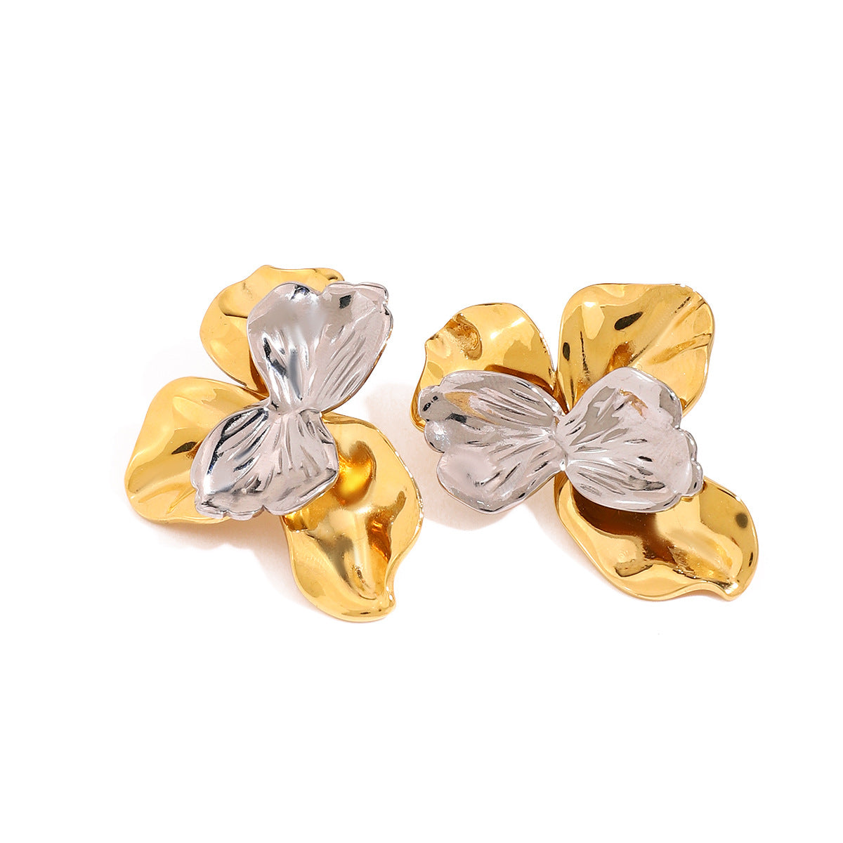 Wholesale retro 18K gold stainless steel gold and silver color wavy flower earrings