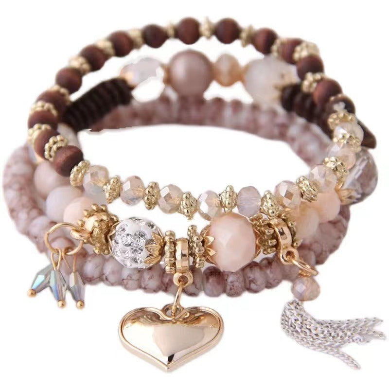 Wholesale Peach Heart Tassel Ball Bead Love Bracelet Retro Multi-piece Set Ethnic Style Hand Jewelry ACC-BT-Weiy028