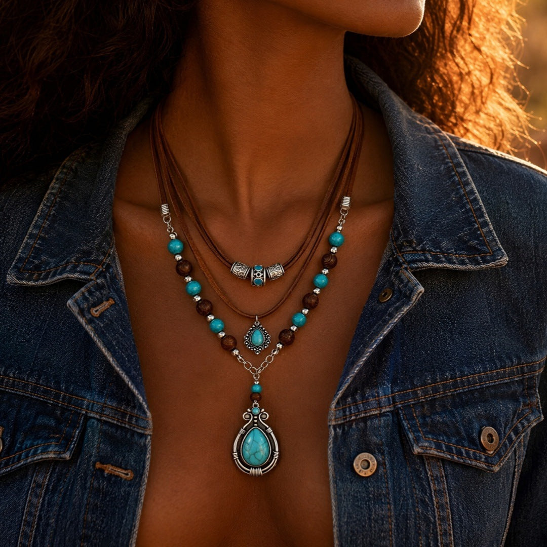 Wholesale Vintage Western Cowboy Multi Layer Turquoise Wood Bead Necklace Set Trendy Jewelry Accessory