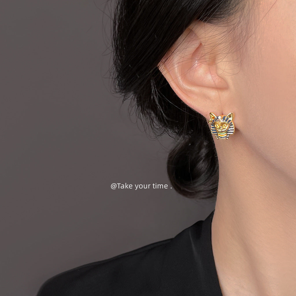 Wholesale Egyptian Cat Pharaoh Painted Enamel Earrings,  Silver Plated Geometric Irregular Earrings,  Fashion Jewelry Accessory for Party or Gift
