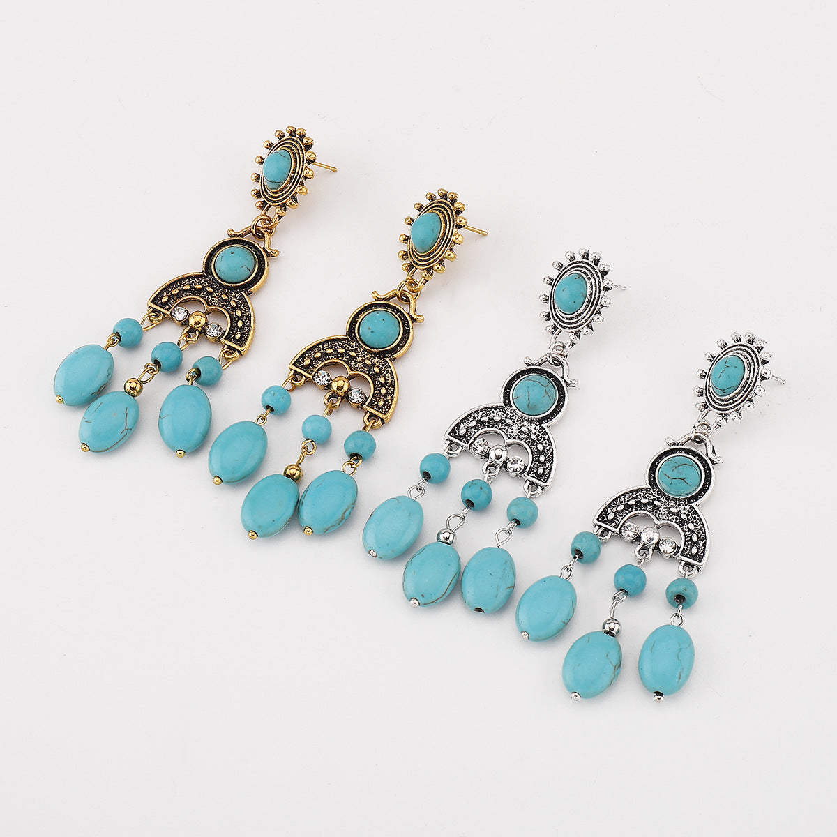 Wholesale  Ethnic Style Turquoise Tassel Earrings Personalized Retro Elegant Palace Style Earrings Earrings
