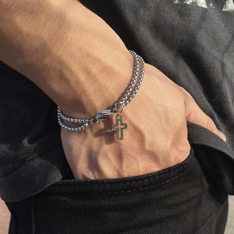 Wholesale Stylish Stainless Steel Cross Hollow Double Chain Bracelet For Men Unisex Geometric Electroplated Design Boutique Resale