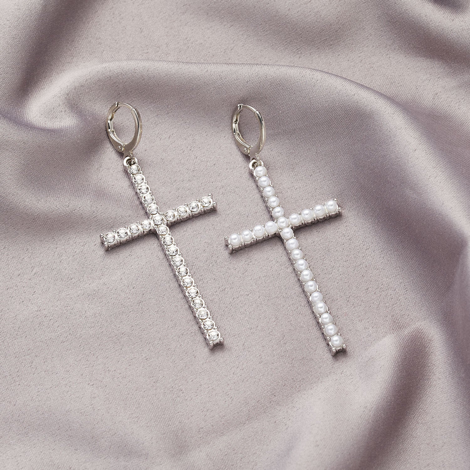 Wholesale cross diamond earrings asymmetric rhinestone pearl earrings