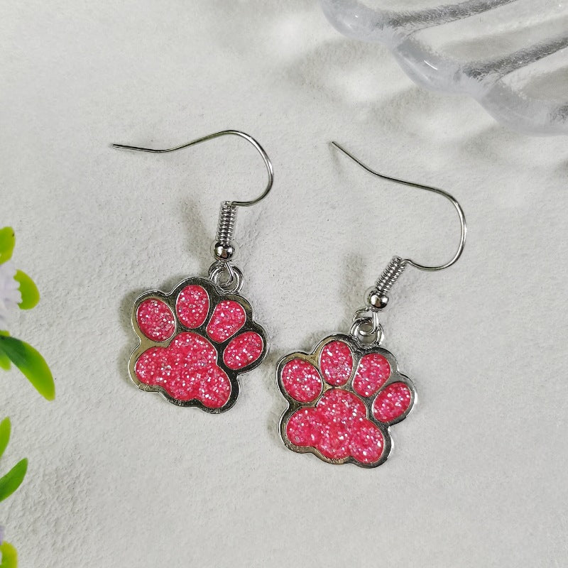 Wholesale Colorful Glitter Oil Dripping Dog Paw Earrings