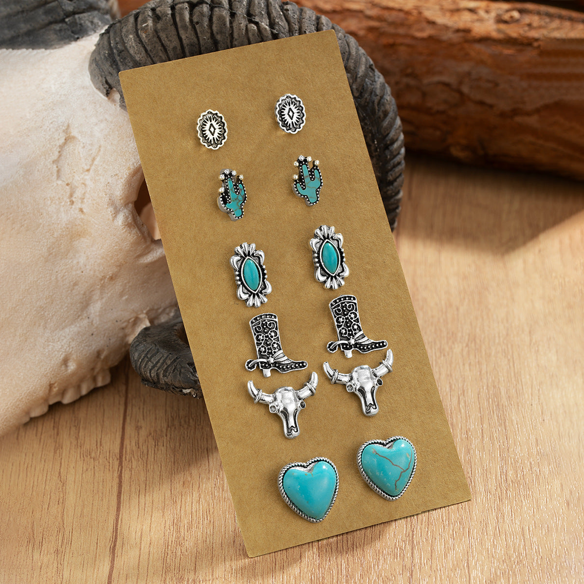 Wholesale Western-style turquoise heart earrings 6-piece set