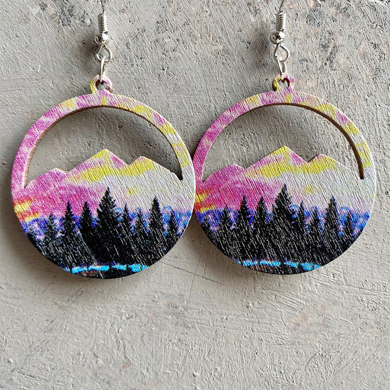 Wholesale Chic Geometric Wooden Earrings With Western Cactus Print Boutique Resale Jewelry Accessory