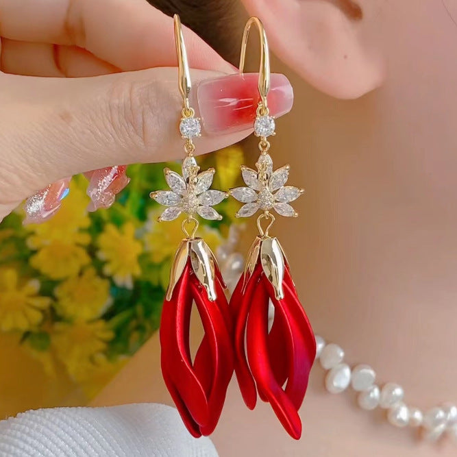 Wholesale Red Zirconia Tassel Statemente Earrings