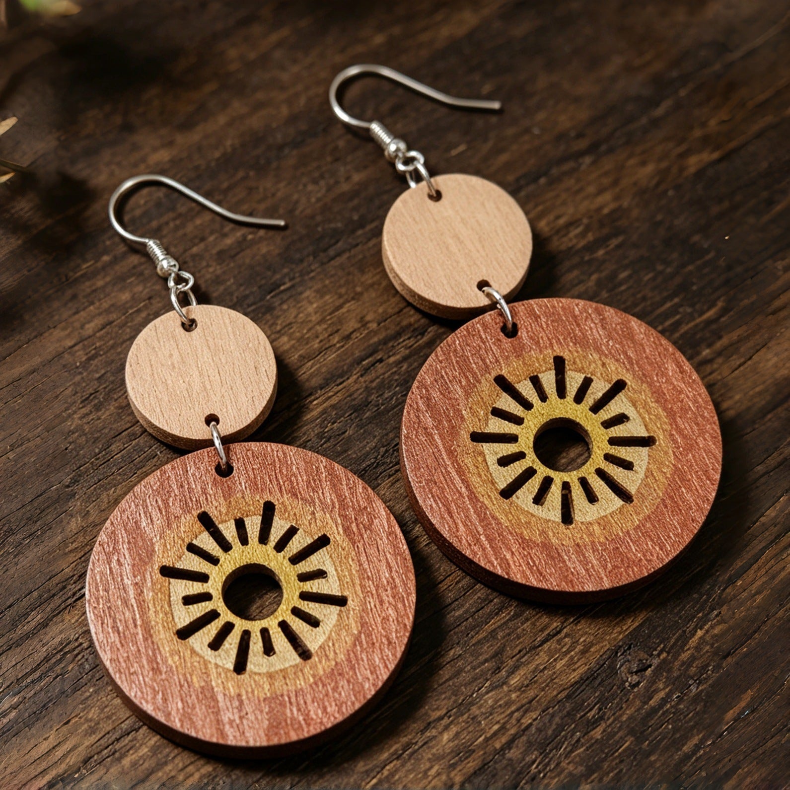 Wholesale Vintage Wooden Sun Earrings Bohemian Double Circle Design Fashion Accessory For Resale