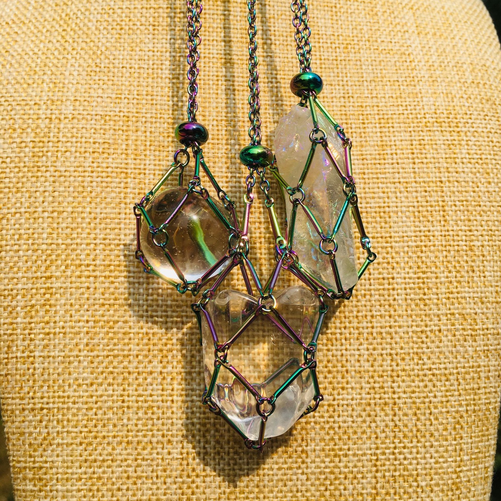 Wholesale Crystal Natural Stone Electroplated Color Bamboo Adjustable Metal Mesh Necklace ACC-NE-RongGuan002