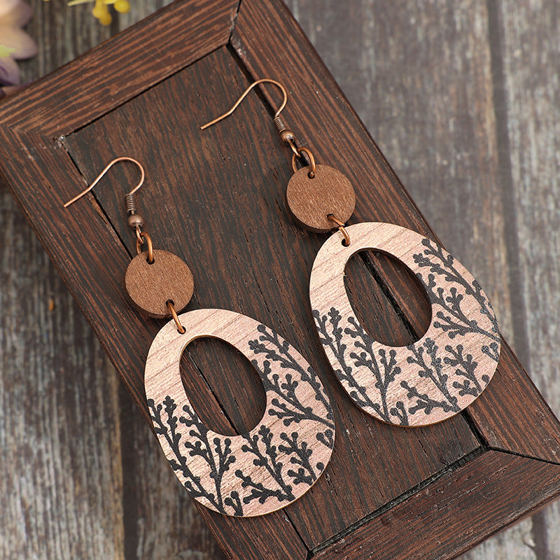 Wholesale Vintage hollow geometric print plant tree bohemian wooden earrings