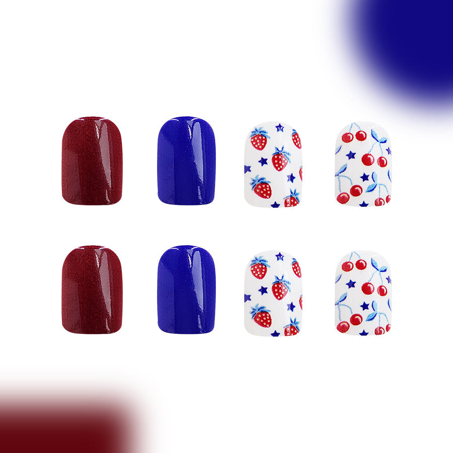 Wholesale 24 Pieces/box American Independence Day Short Red and Blue Color Cherry Manicure Press-on Nails Kits Nail Stickers ACC-NS-GuaiXL038