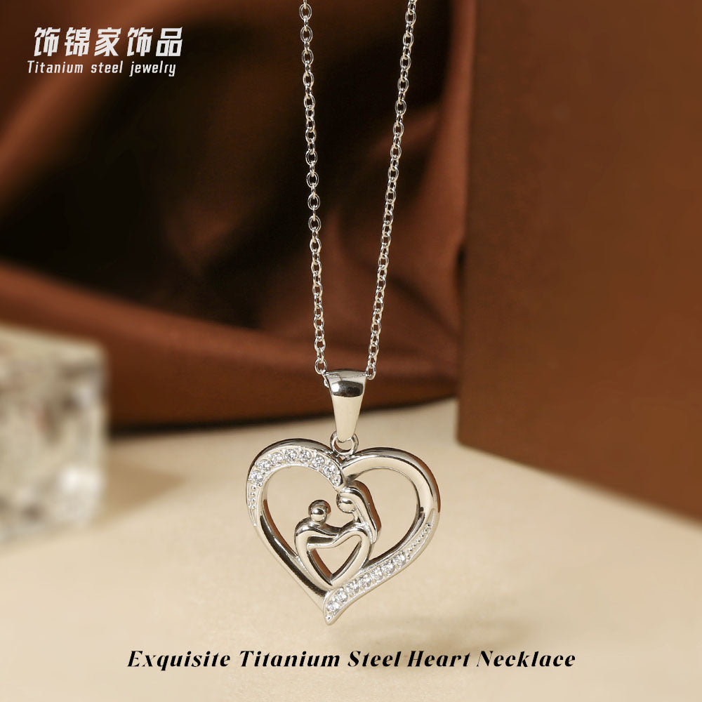 Wholesale Mother' s Day Titanium Steel Heart-Shaped Pendant Necklace with Zircon Inlay