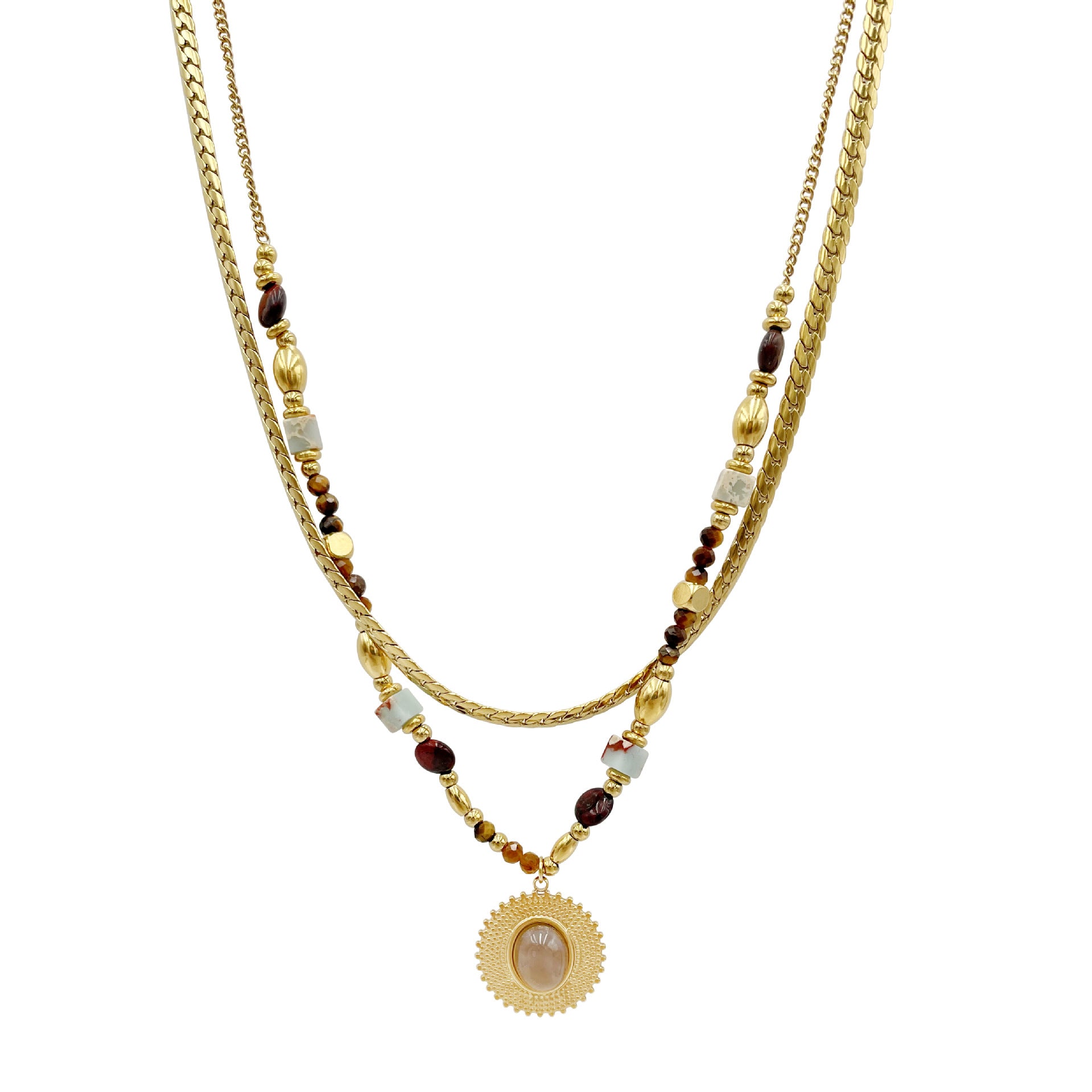 Wholesale Round Beads Rice Beads Handmade Double-layer Chain Natural Stone Pendant Necklace