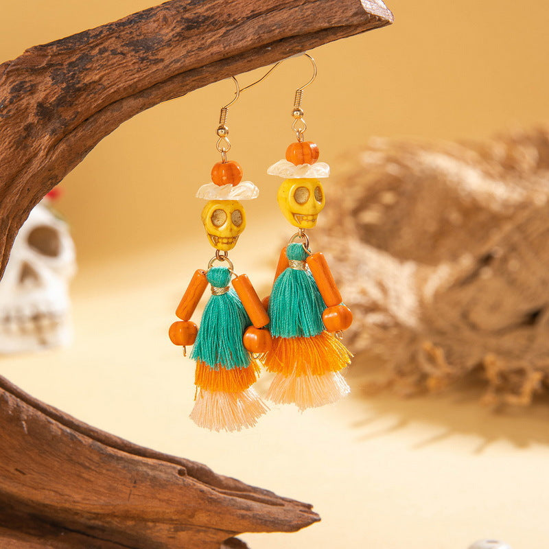 Wholesale Halloween earrings  funny fun skull tassel rice beads earrings