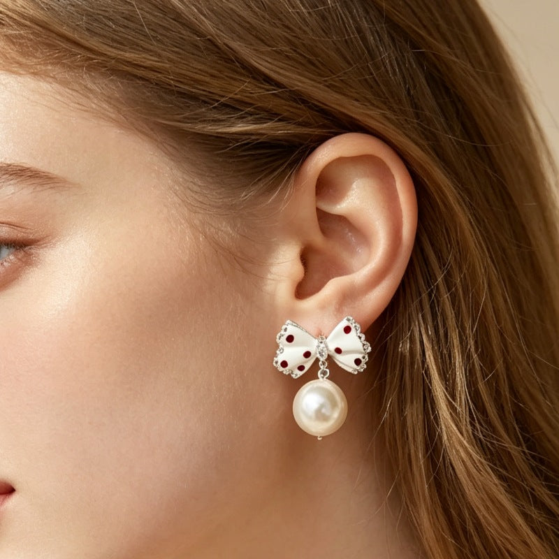 Wholesale Retro Polka Dot Bow Pearl Earrings Women S Chic Party Wear Jewelry Accessory