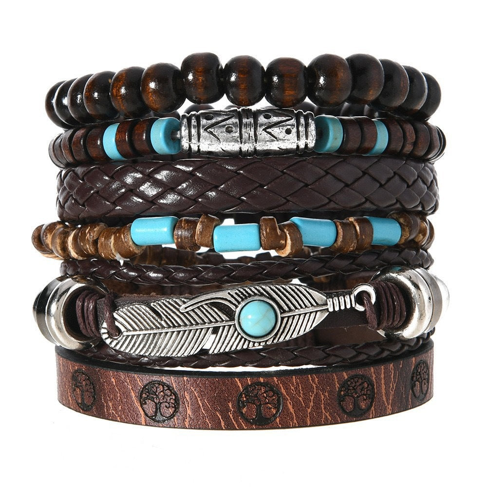 Wholesale Retro Handmade Leather Bracelet Set - 6 Piece Bohemian Fashion Accessory for Everyday Wear