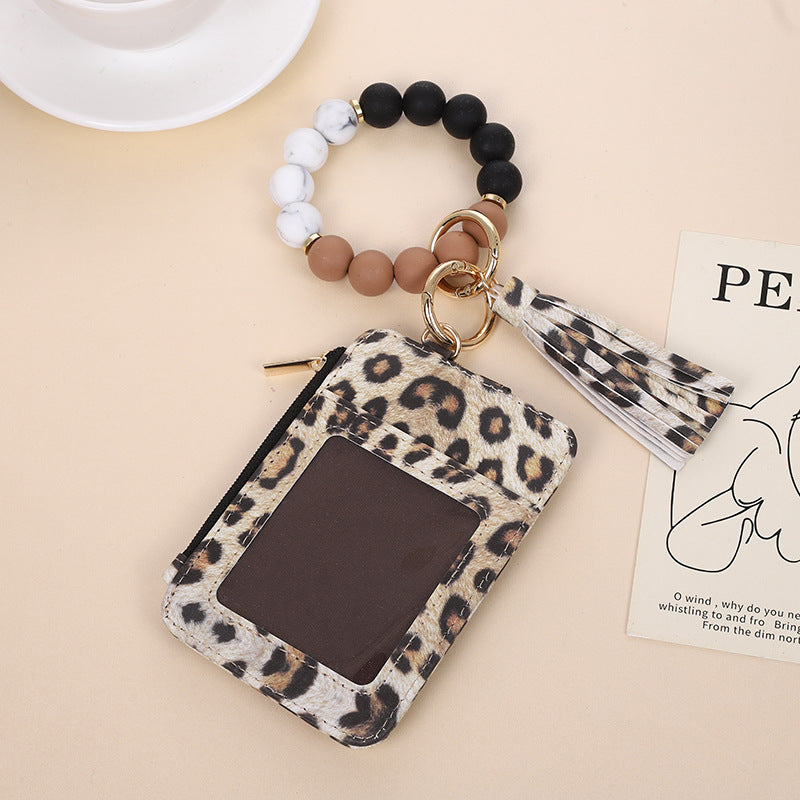 Wholesale Western Style Cow Pattern Sunflower Leopard Print Card Holder Silicone Beaded Wristlet Keychain ACC-KC-QiuXue006
