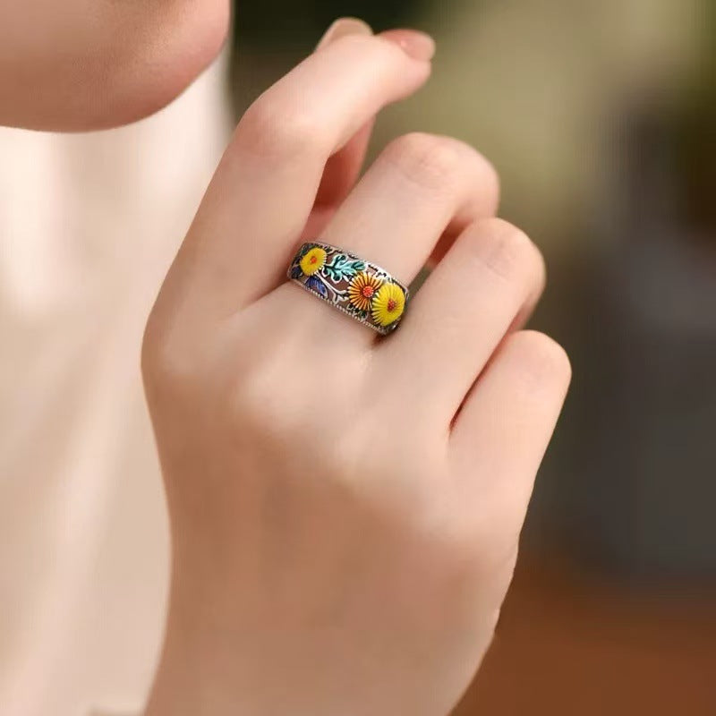 Wholesale Enamel Sunflower Ring Copper Vintage Adjustable Jaw Jewelry Accessory
