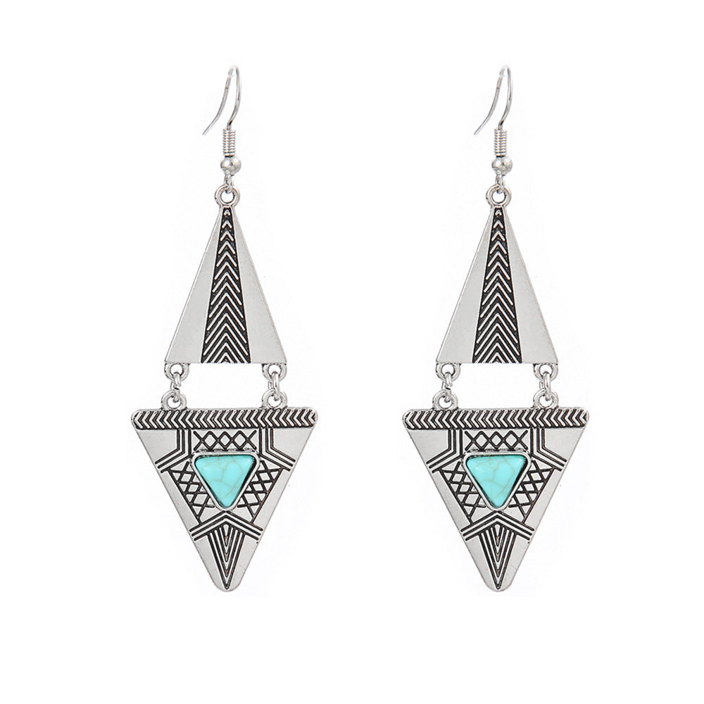 Wholesale Turquoise Geometric Tassel Earrings Antique Silver Retro Fashion Accessory for Everyday Wear or Gift