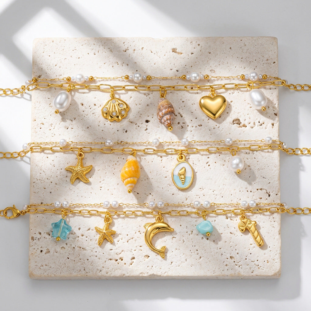 Wholesale Gold Plated Titanium Steel Ocean-Style Shell Starfish Pendant Bracelet Jewelry Accessory