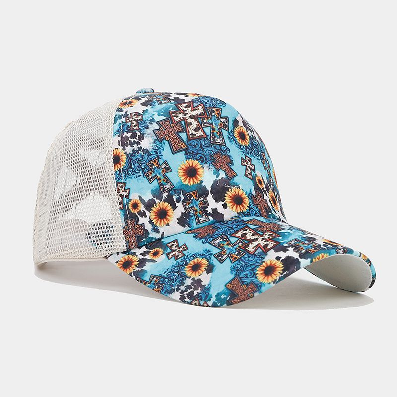 Wholesale Western Style Sunflower Cow Pattern Aztec Ponytail Hat Mesh Cap Baseball Cap ACC-HT-LvYi001