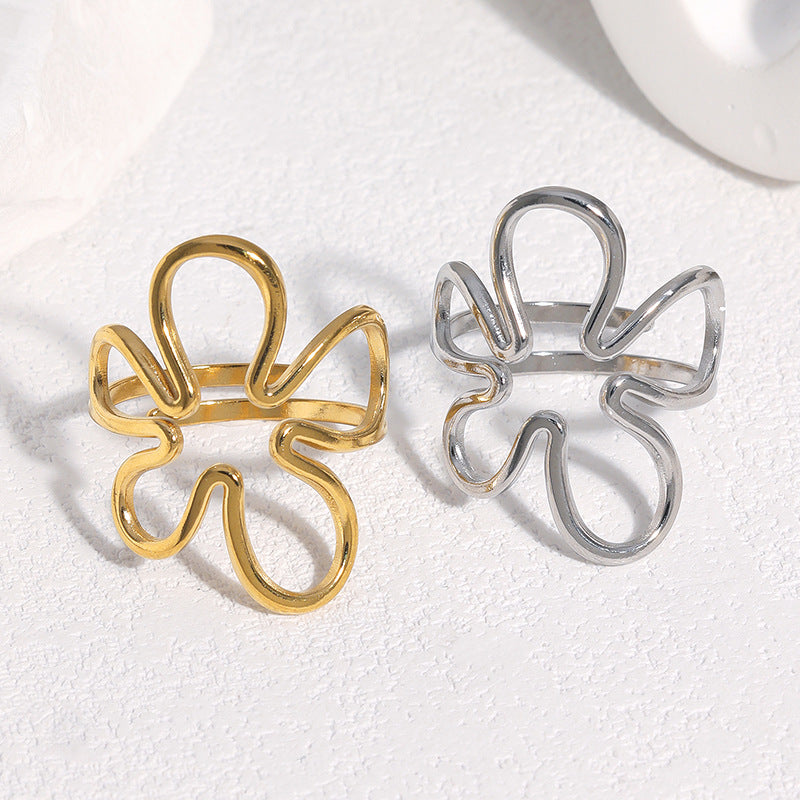 Wholesale Stainless Steel Hollow Flower Open Ring Adjustable Steel Tone Design Trendy Jewelry Accessory For Women Boutique Resale Everyday Wear
