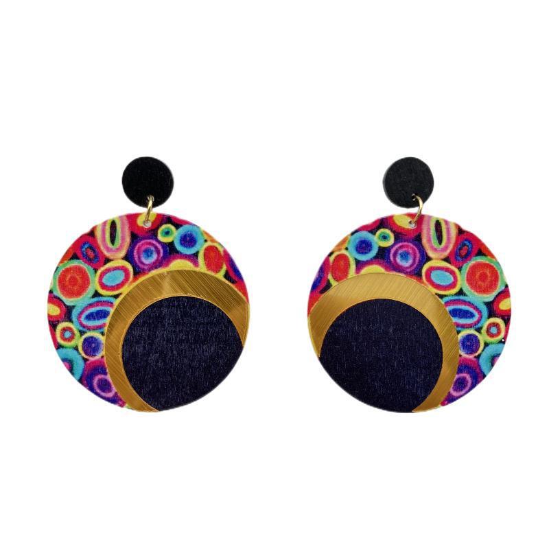Wholesale Wooden Printed Round Colorful Large Earrings ACC-ES-FX016