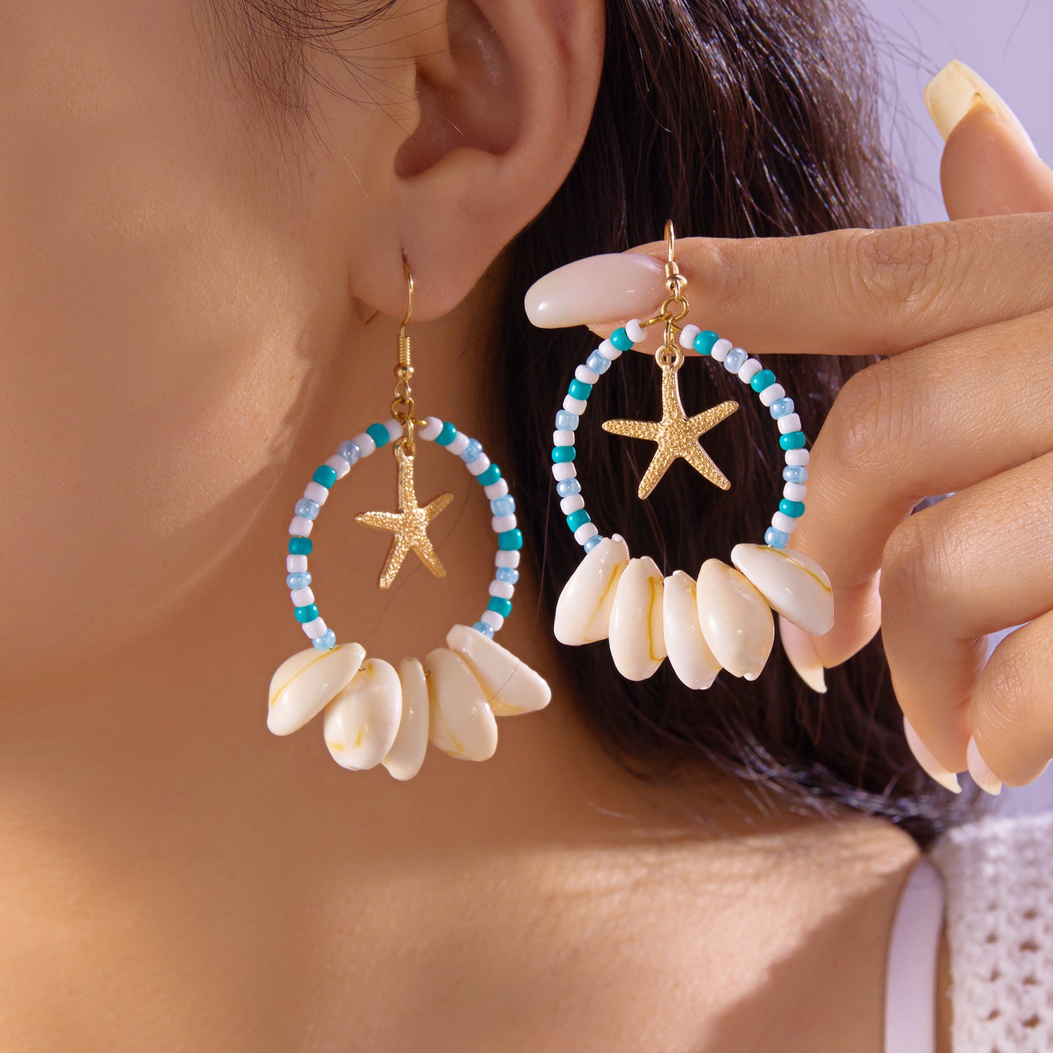 Wholesale  Bohemian Asymmetric Starfish Shell Pendant Earrings