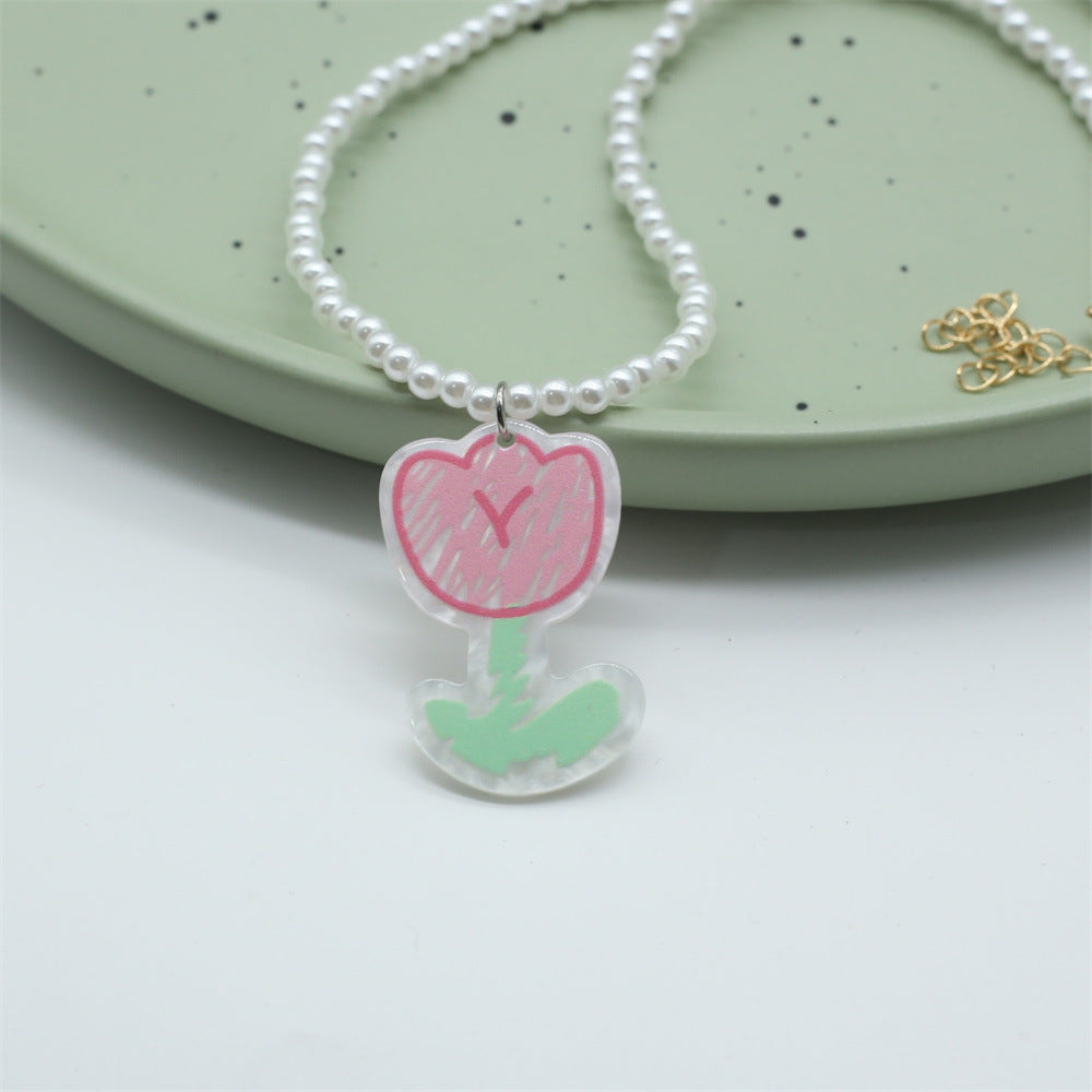 Wholesale  Colorful Acrylic Flower Smiley Tulip Pendant Pearl Beaded Necklace
