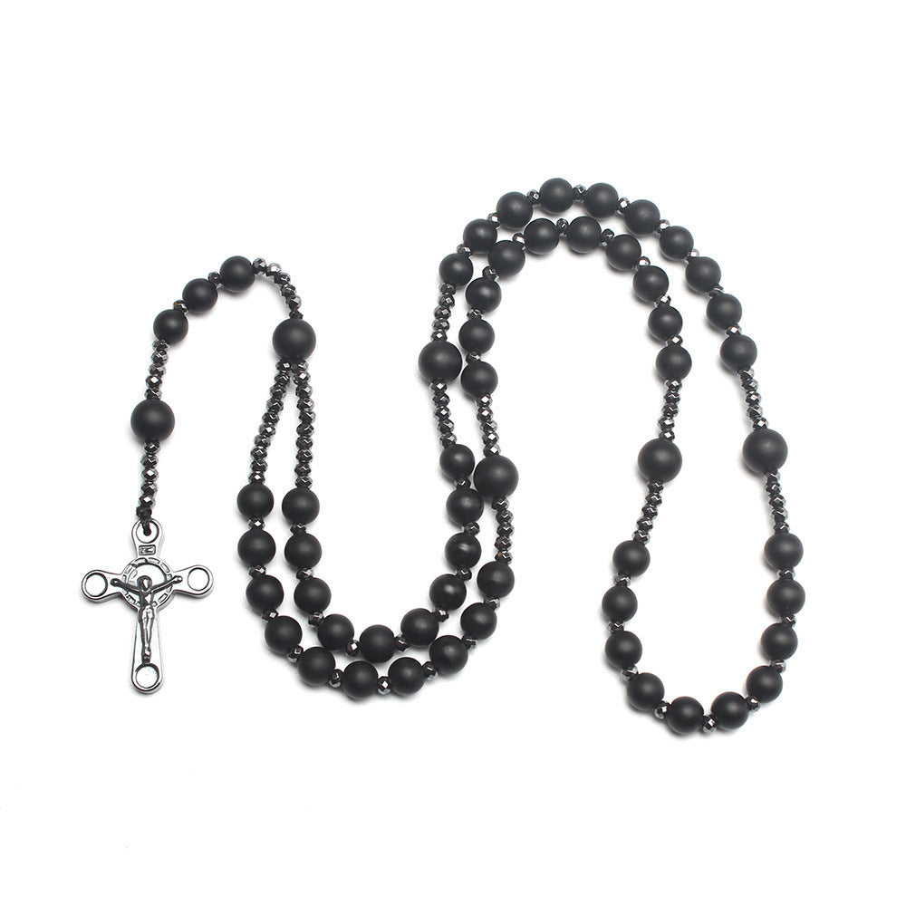 Wholesale  black agate round beads black gallstone cross  long sweater chain