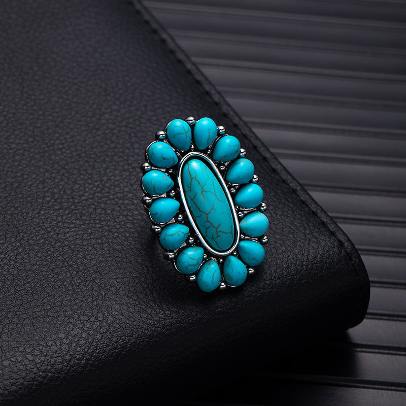 Wholesale Retro Bohemian Silver Flower Imitation Turquoise Ring - Fashion Accessory for Boutique Resale
