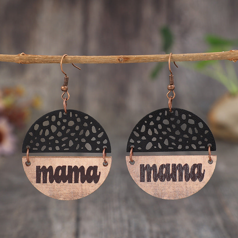 Wholesale Mother's Day retro style wood piece leather combination letter mom round earrings
