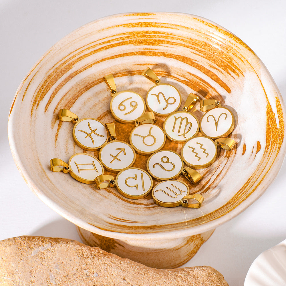 Wholesale  twelve constellation pendant inlaid natural white seashells stainless steel necklace