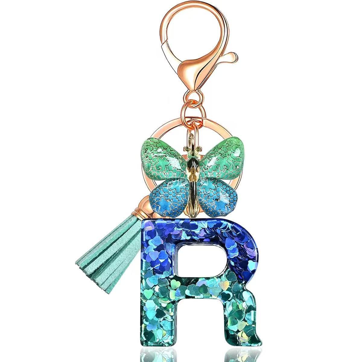 Wholesale Resin Alphabet Keychain With Butterfly Tassel Blue Gradient Vacation Style Fashion Accessory For Bags And Keys