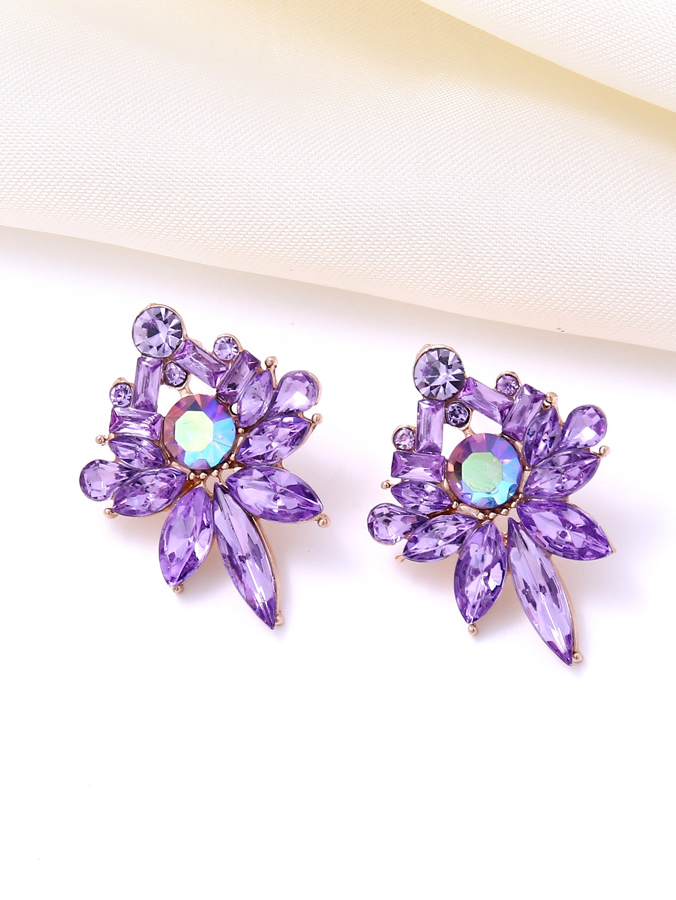 Wholesale European and American Style Colorful Flower Earrings,  Exaggerated Marquise Zircon Earrings,  Niche Design Light Luxury Ear Accessories