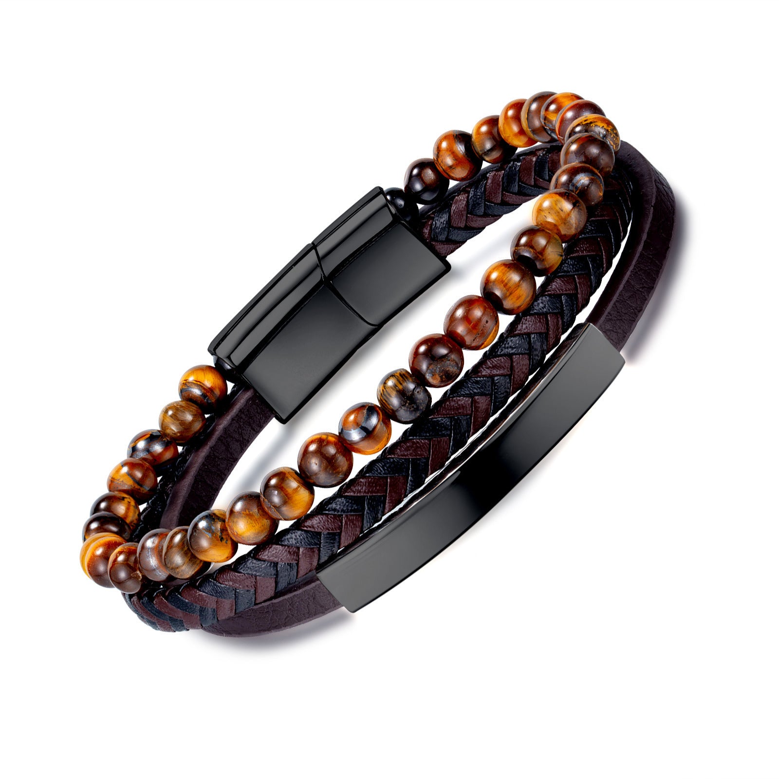 Wholesale Tiger Eye Beaded Stone Bracelet Men's Personality Retro Multi-layer Woven  Leather Bracelet