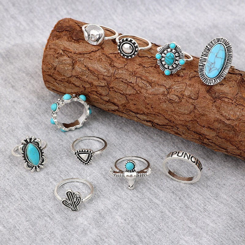 Wholesale Vintage Turquoise Ring Set 10-Piece Cactus Geometric Alloy Jewelry Accessory