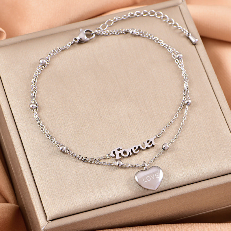 Wholesale Titanium Steel elegant double-layer letter anklet heart-shaped pendant beach anklet