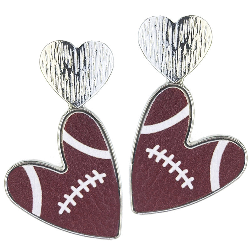 Wholesale 2 Pairs/pack Sports Season Football Heart Earrings Leather Metal Earrings ACC-ES-HY138