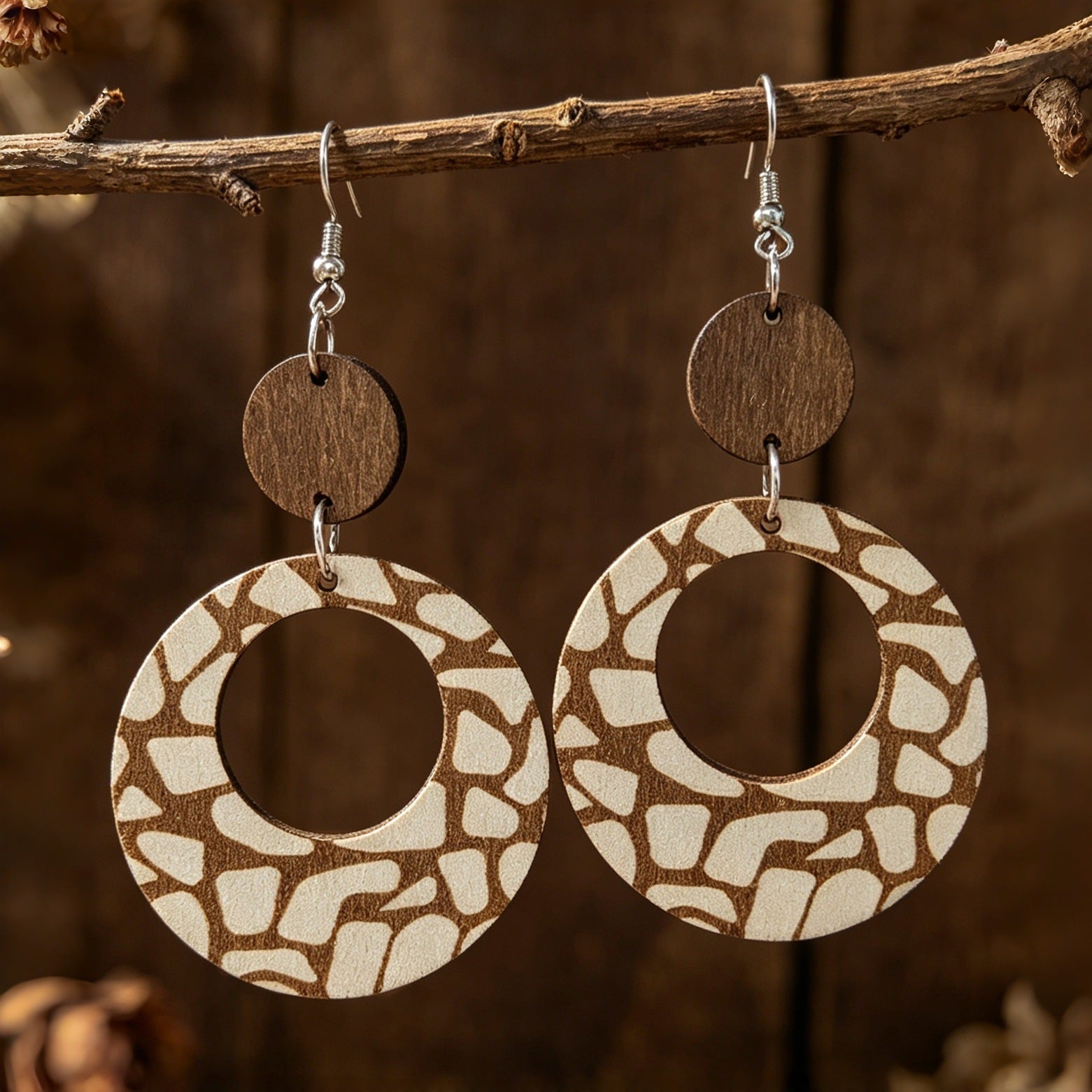 Wholesale Wooden Boho Geometric Dangle Earrings Vintage Stone Grain Double Layer Design For Casual Everyday Wear And Gift