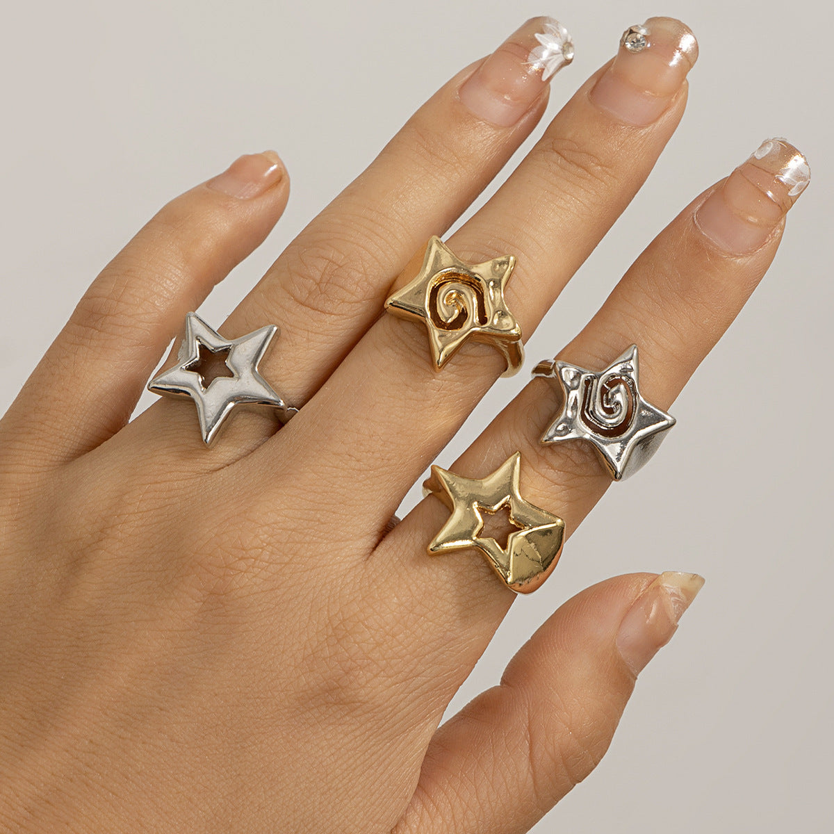 Wholesale Trendy Metal Hollow Star Ring Set - Geometric Five-Point Star Jewelry for Women,  Gift &  Everyday Wear