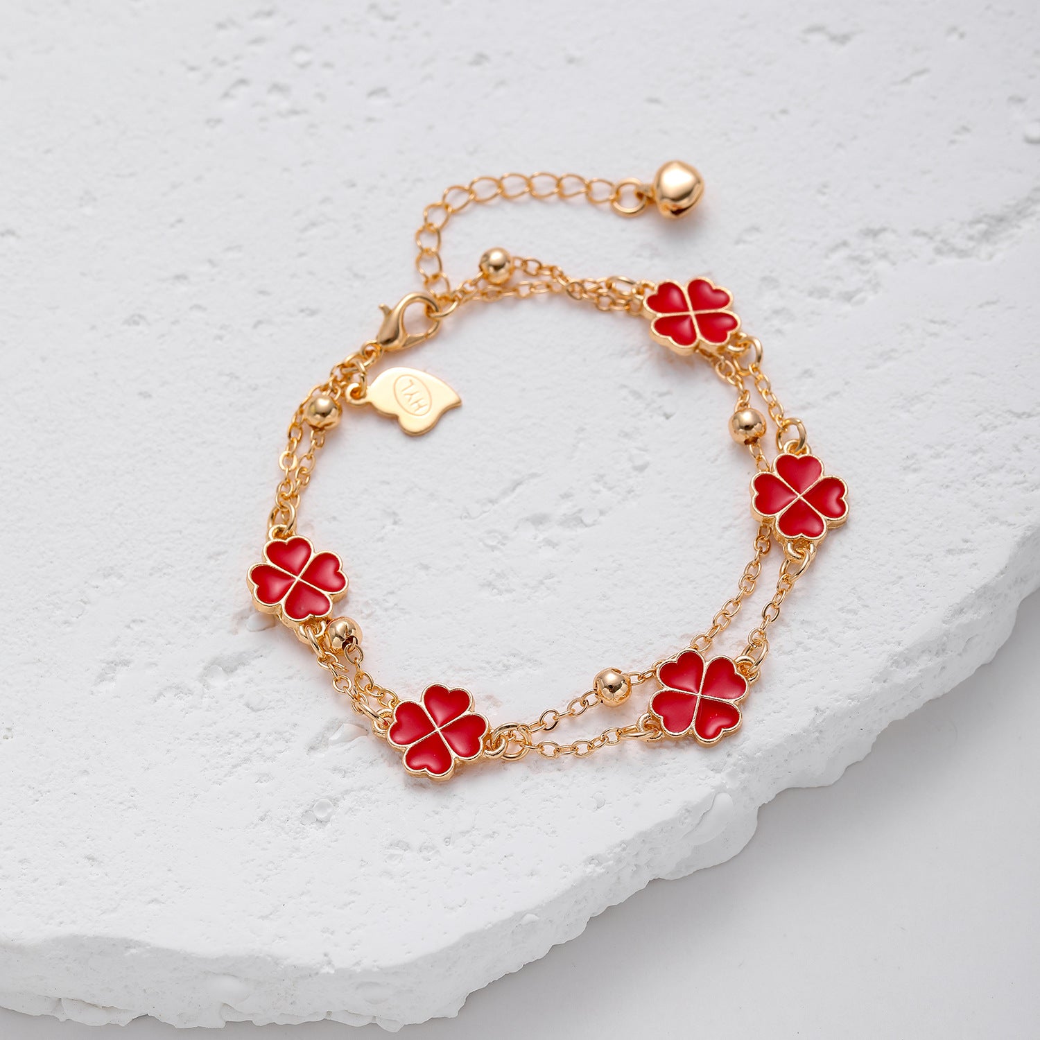 Wholesale Copper Gold Plated Oil Drop Double Chain Four Leaf Clover Bracelet ACC-BT-HengXuan001