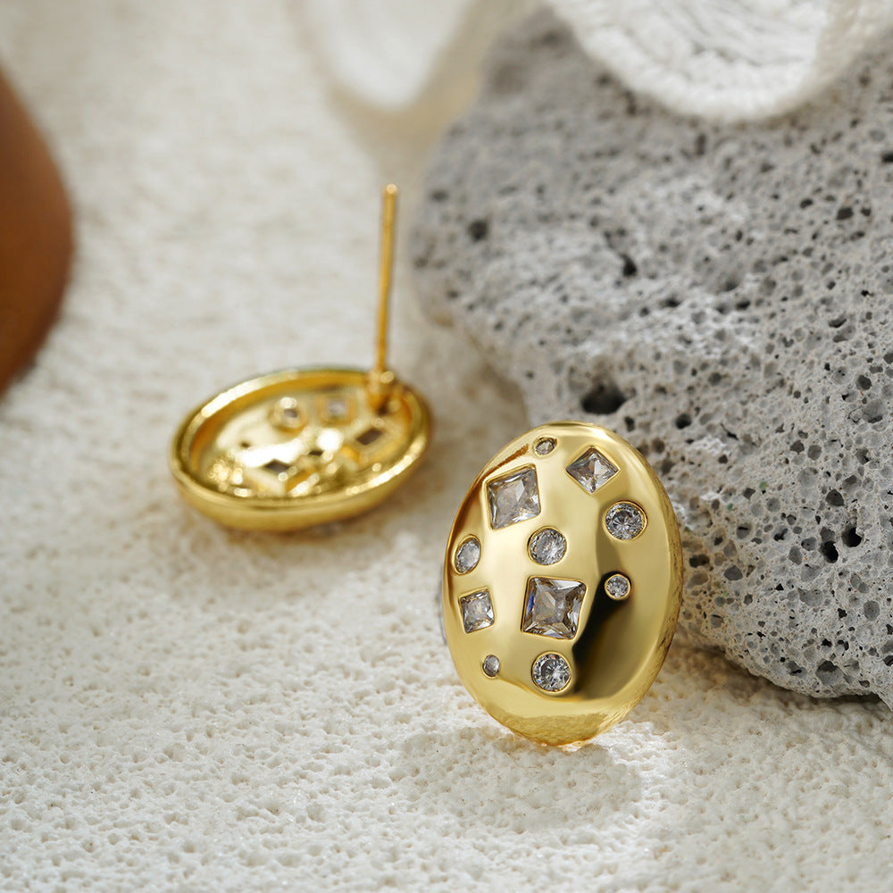 Wholesale  18K Gold Oval Bread Inlaid Square Zircon Earrings